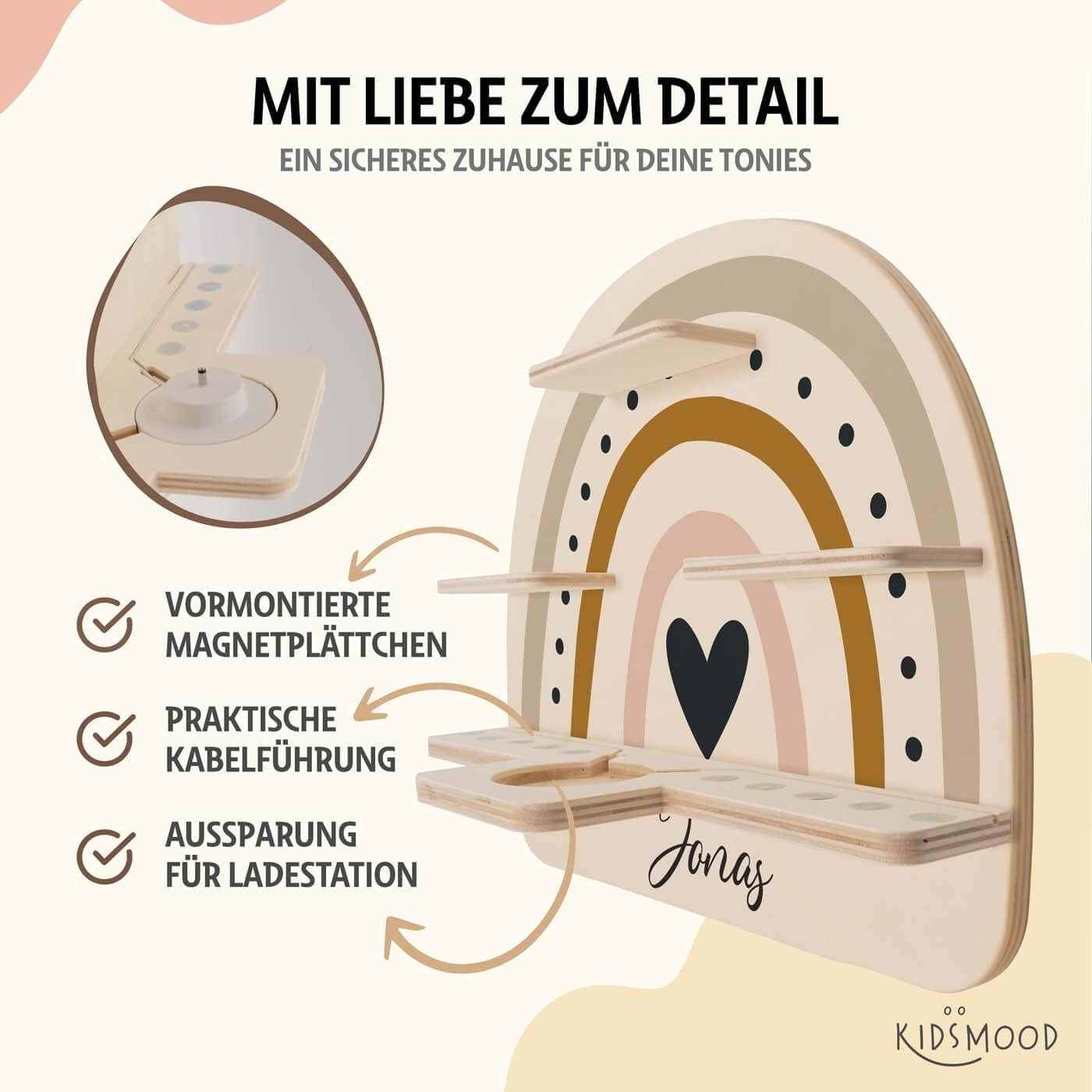 close-up of Tonie shelf with minimal regenbogen motif