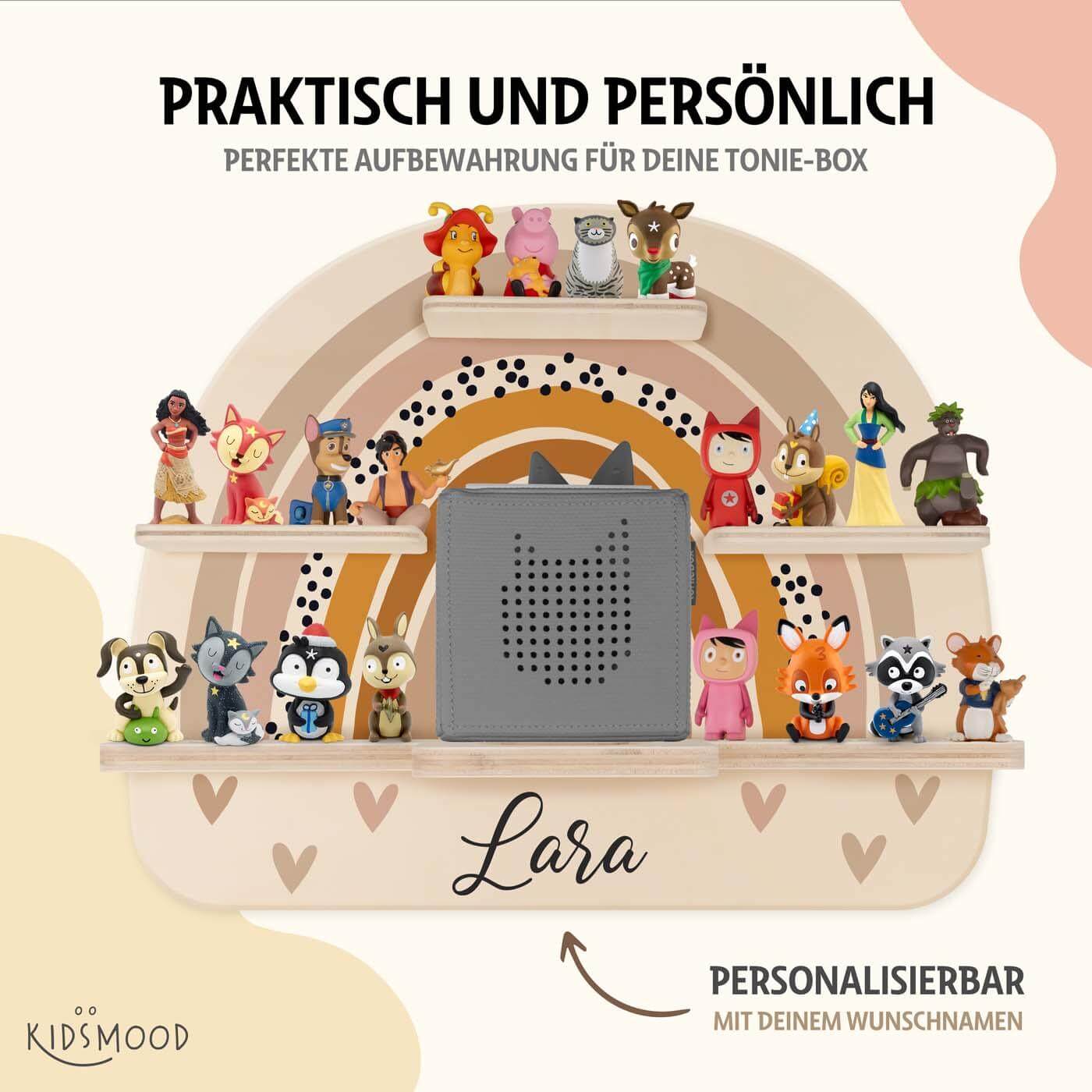 engraved wooden Tonie shelf with rainbow, heart, and custom name