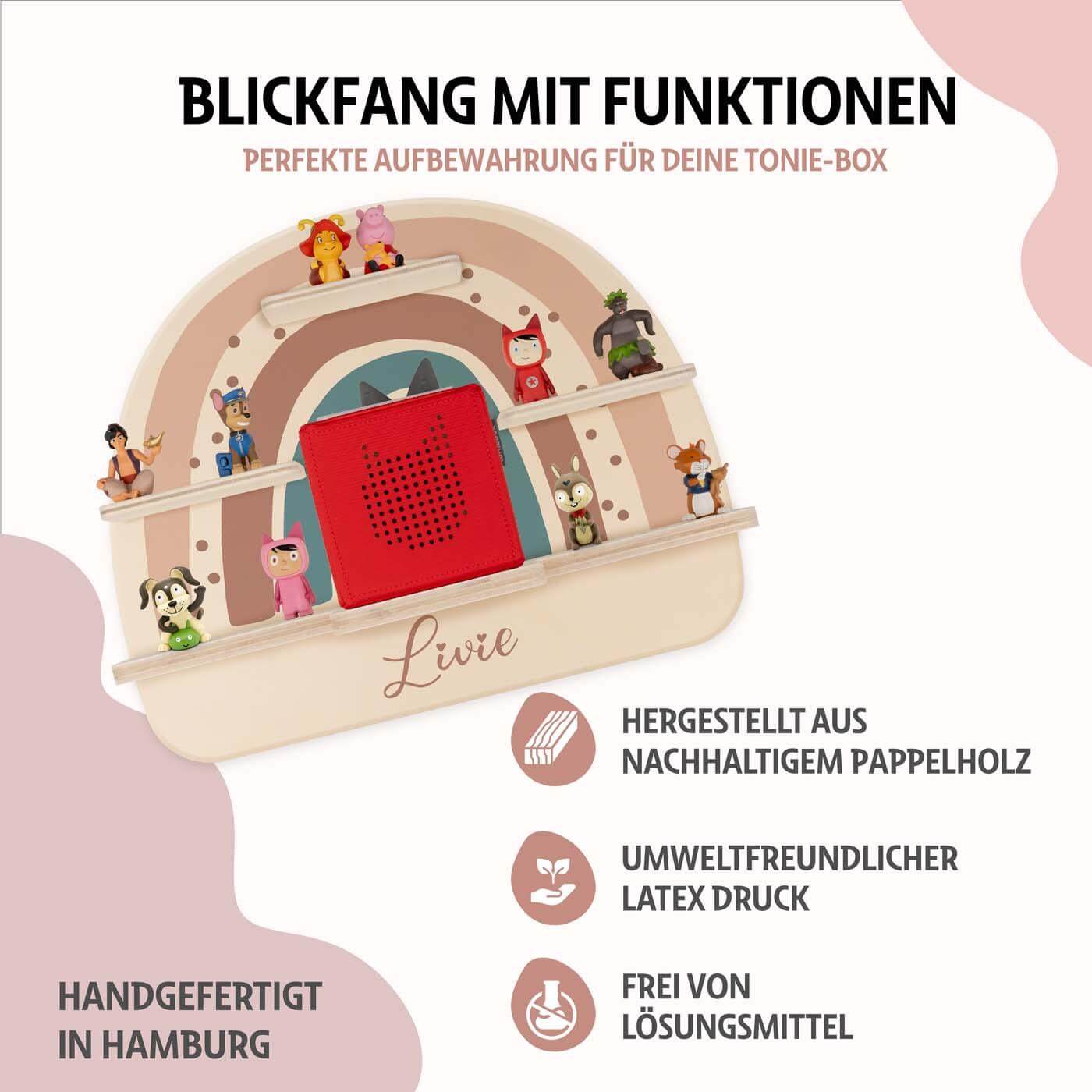 tonie-regal mit boho regenbogen rosa motiv und individuellem namen
