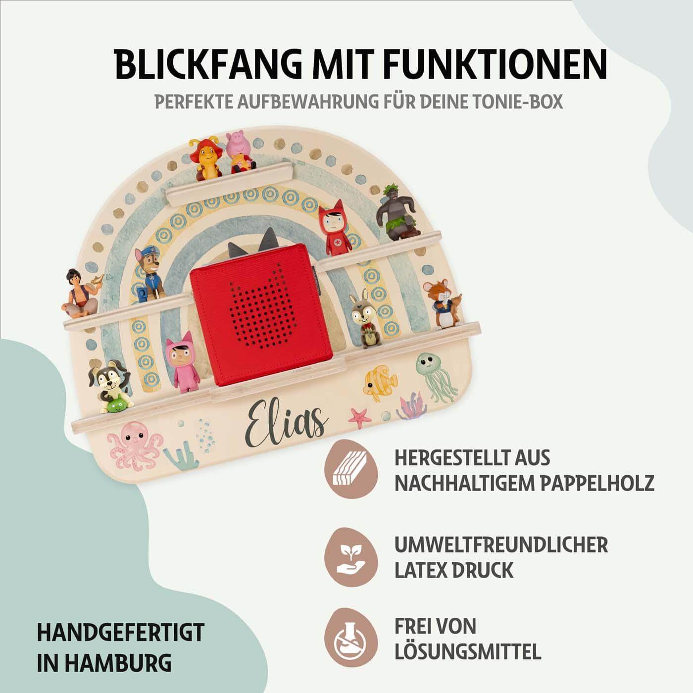 personalisiertes tonie-regal aus holz mit boho regenbogen und meer