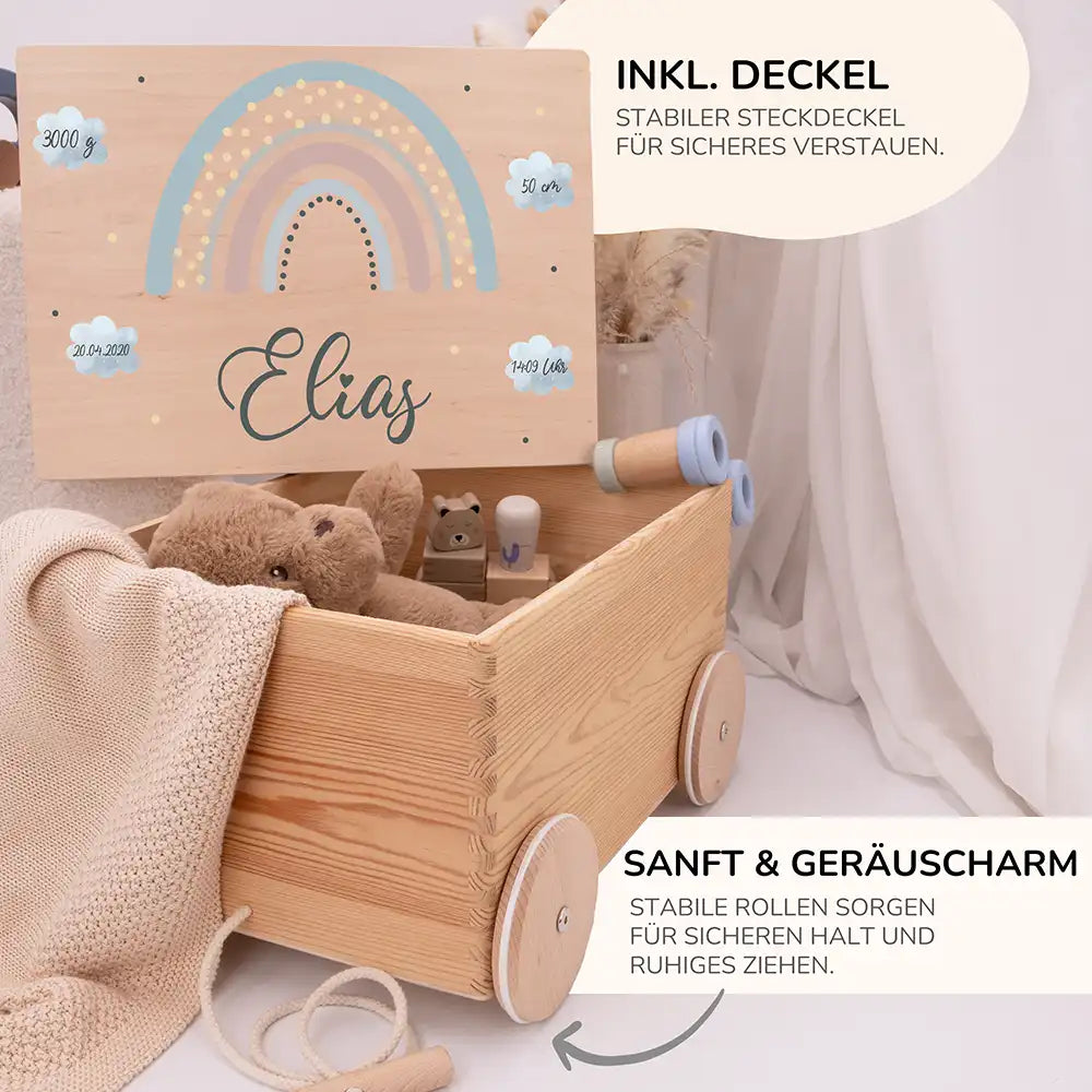 Spielzeugkiste mit Rädern personalisiert - Regenbogen