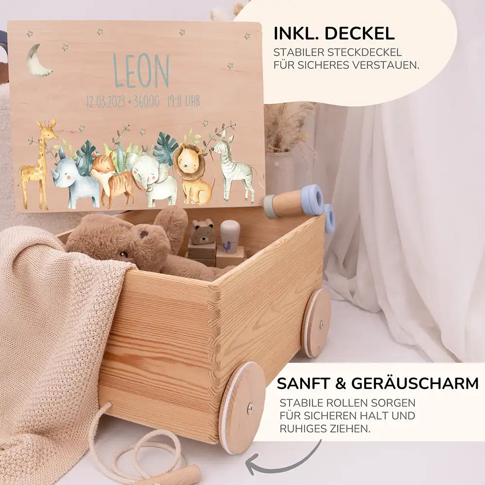 Spielzeugkiste mit Rädern personalisiert - Safari Tiere
