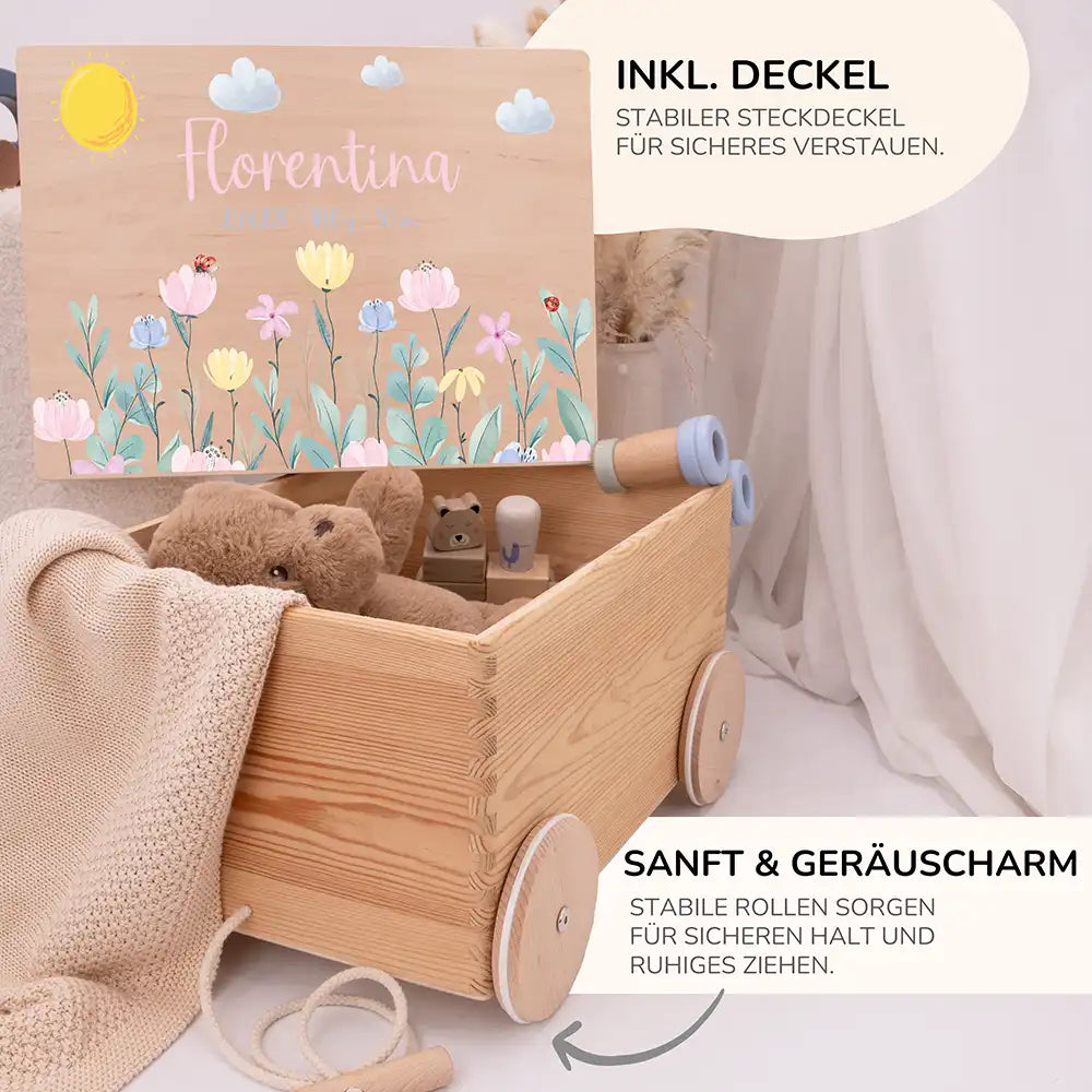 Spielzeugkiste mit Rädern personalisiert - Blumenwiese