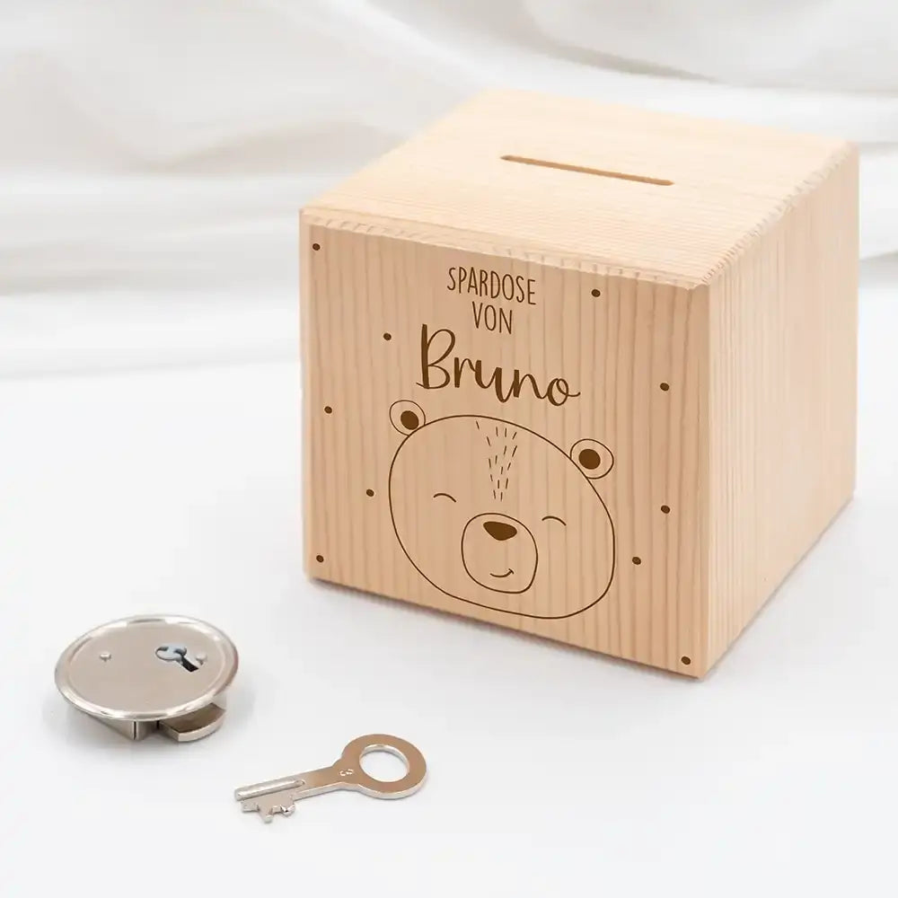 Spardose Kinder, Sparschwein personalisiert - Süßer Bär mit Punkten