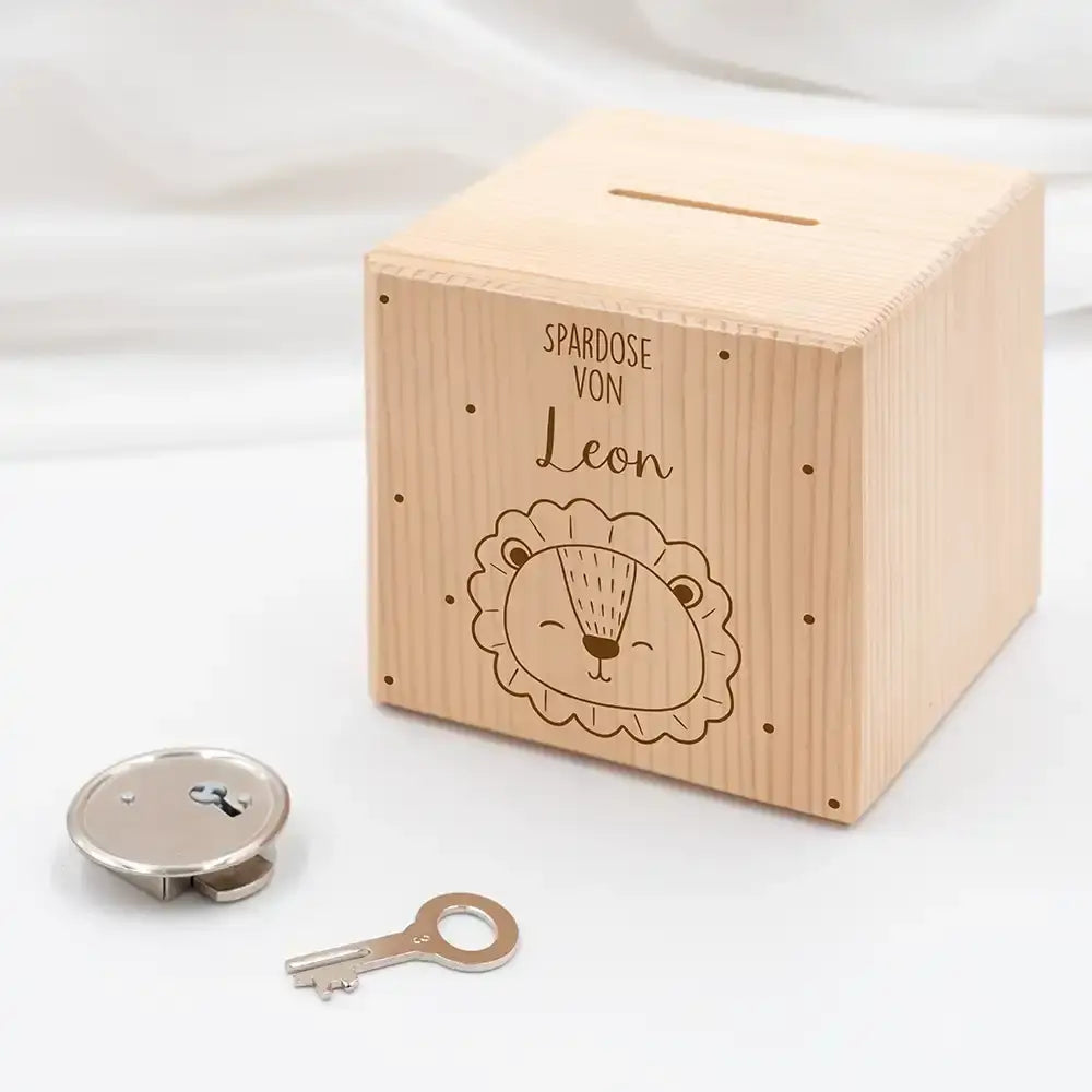 Spardose Kinder, Sparschwein personalisiert - Löwe mit Punkten