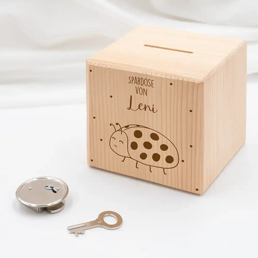 Spardose Kinder, Sparschwein personalisiert - Marienkäfer mit Punkten