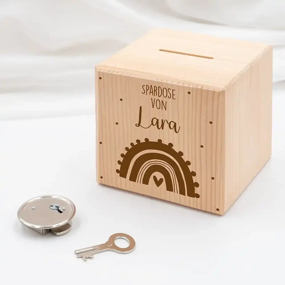 Spardose Kinder, Sparschwein personalisiert - Regenbogen mit Herz