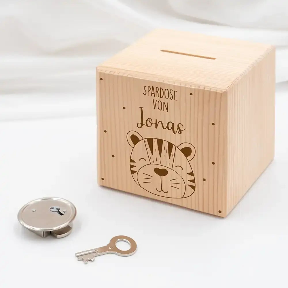 Spardose Kinder, Sparschwein personalisiert - Tiger mit Punkten