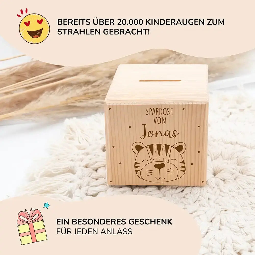 Spardose Kinder, Sparschwein personalisiert - Tiger mit Punkten