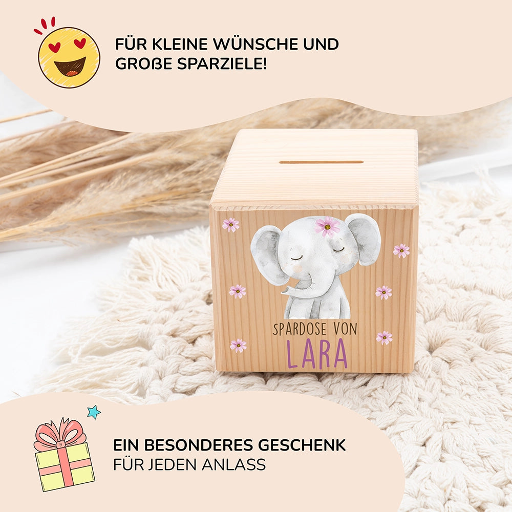 Spardose Kinder, Sparschwein personalisiert bunt - Elefant mit Blumen
