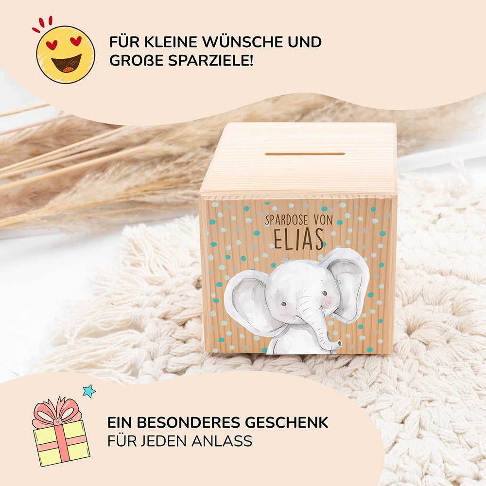 Spardose Kinder, Sparschwein personalisiert bunt - Elefant mit Pünktchen