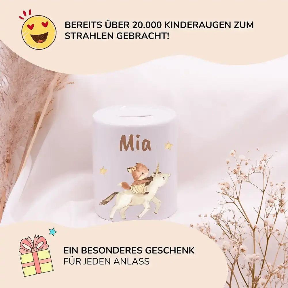 Kinderspardose aus Keramik - Zauberhaftes Eichhörnchen auf Einhorn