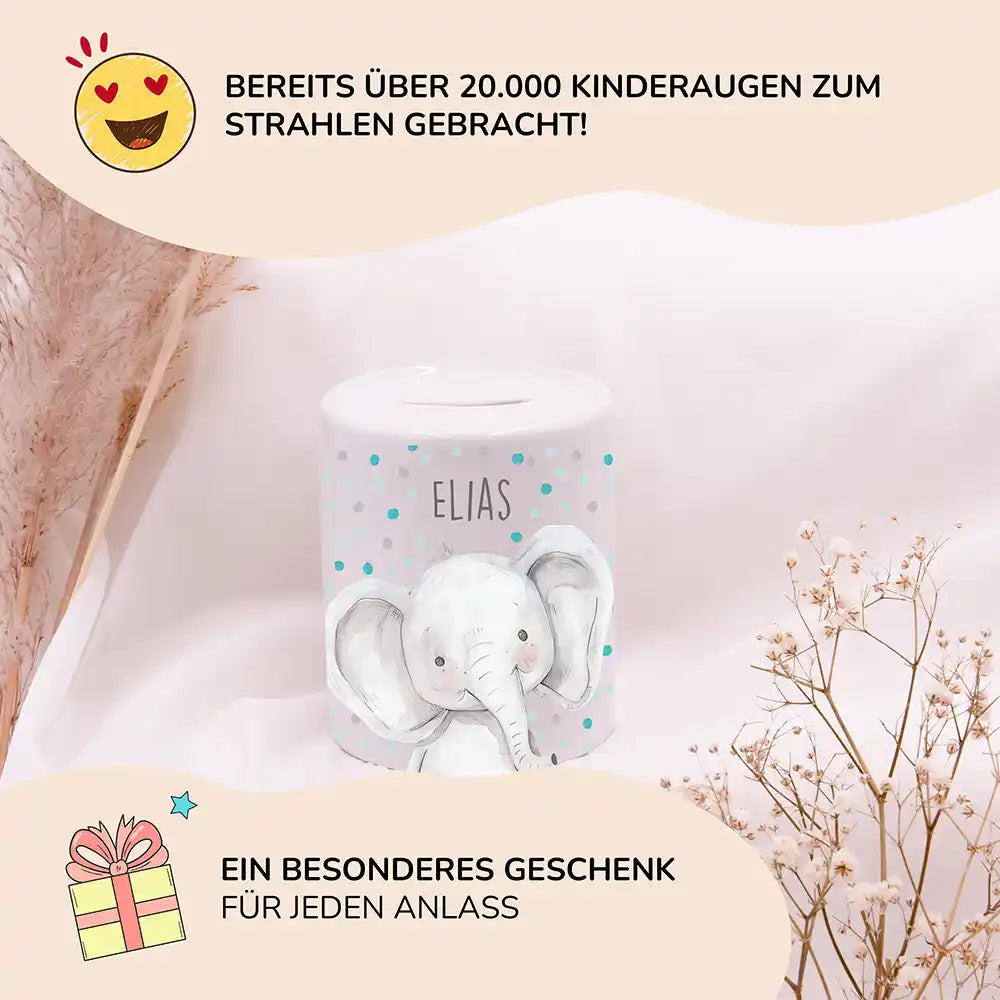 Spardose Kinder aus Keramik - Elefant mit PĂŒnktchen