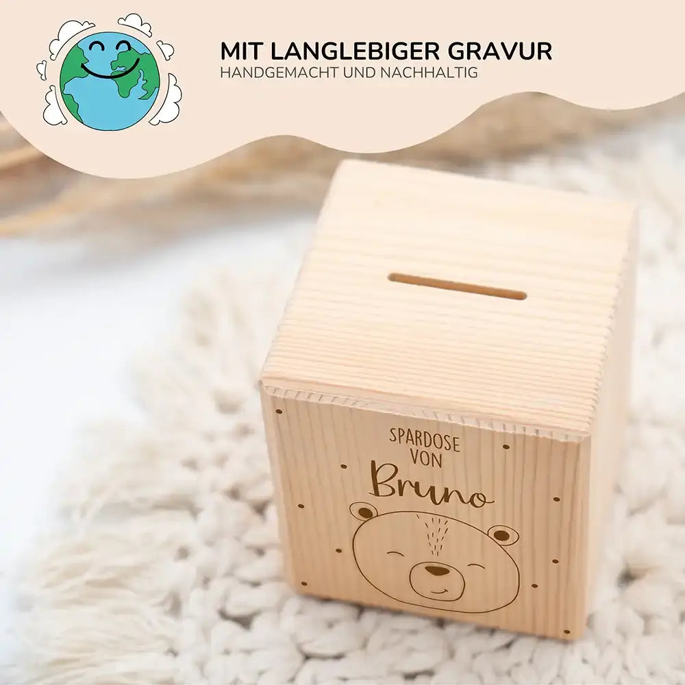 Spardose Kinder, Sparschwein personalisiert - Süßer Bär mit Punkten