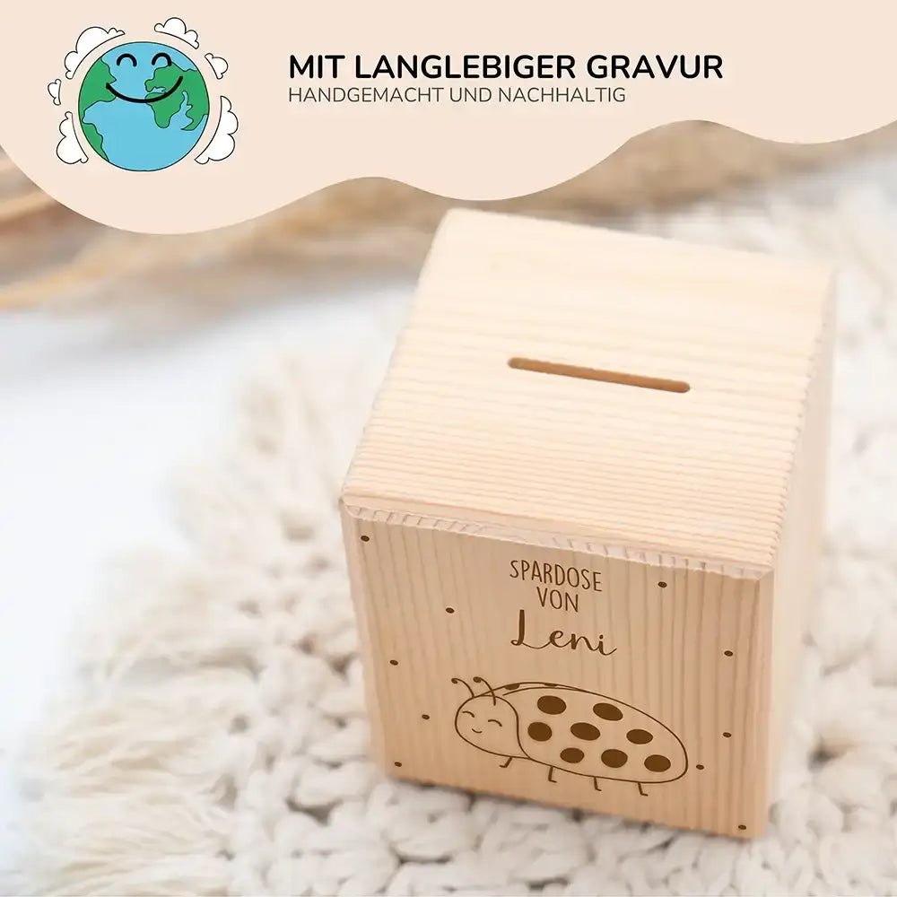 Spardose Kinder, Sparschwein personalisiert - Marienkäfer mit Punkten