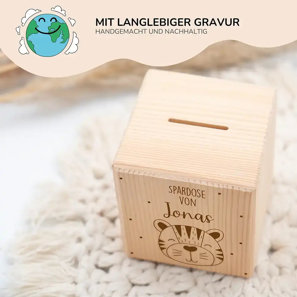 Spardose Kinder, Sparschwein personalisiert - Tiger mit Punkten