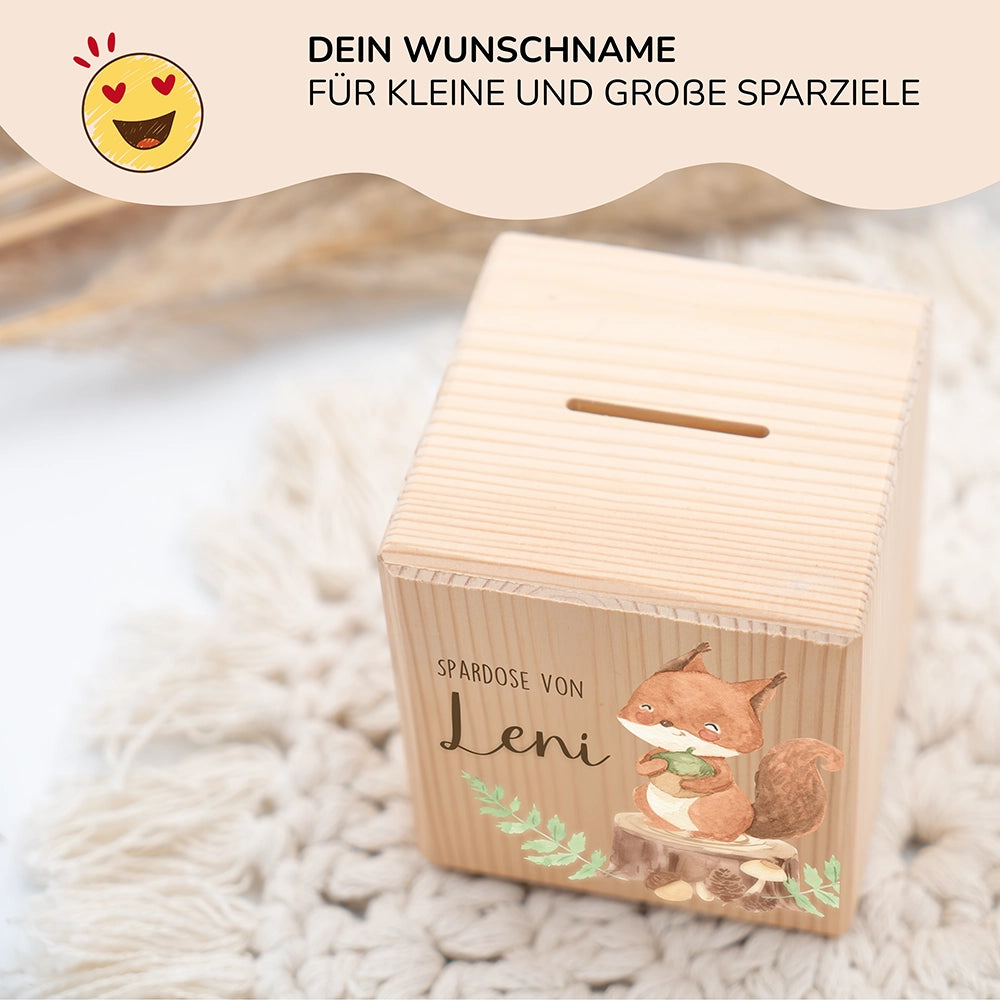 Spardose Kinder, Sparschwein personalisiert bunt - Eichhörnchen Waldtiere