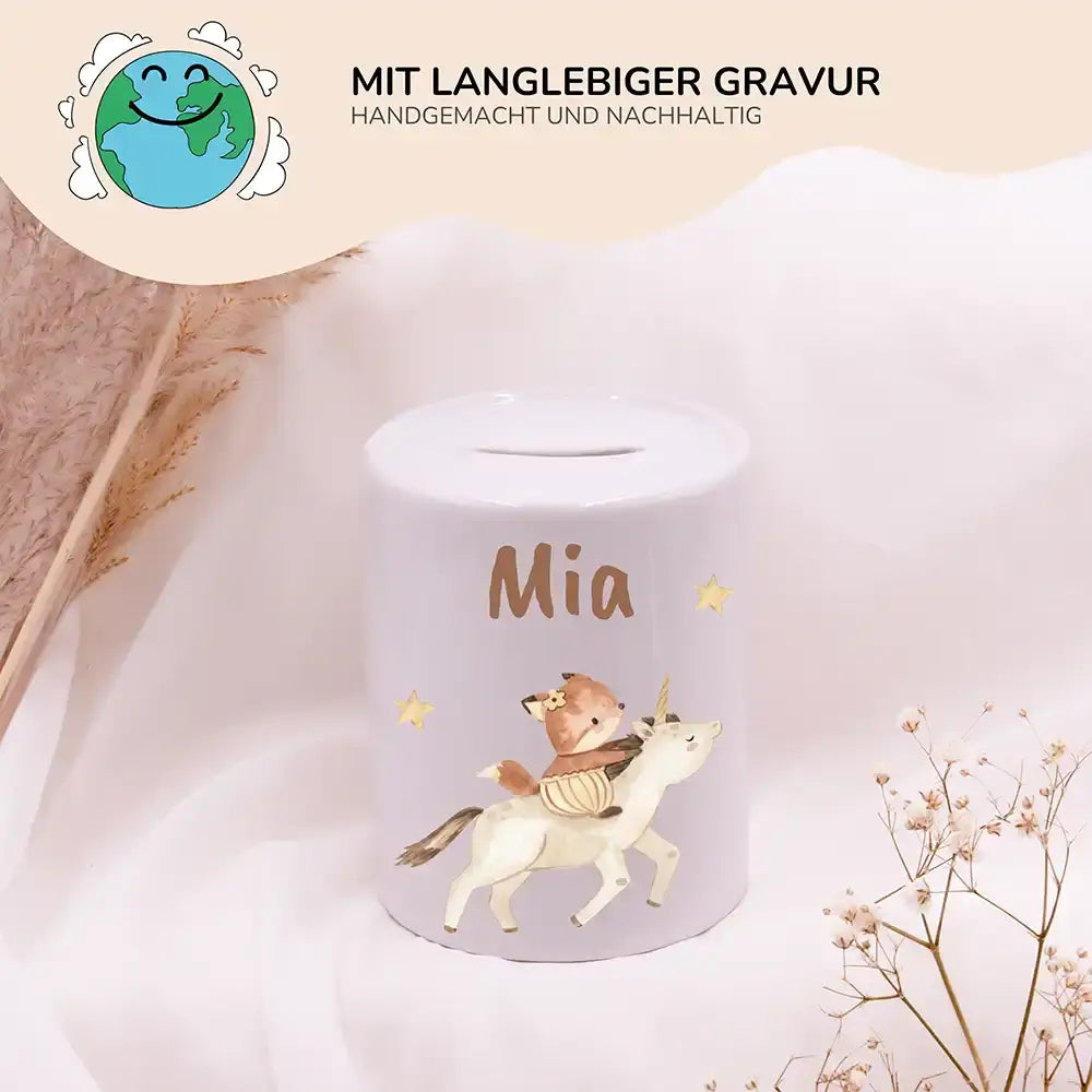 Kinderspardose aus Keramik - Zauberhaftes Eichhörnchen auf Einhorn