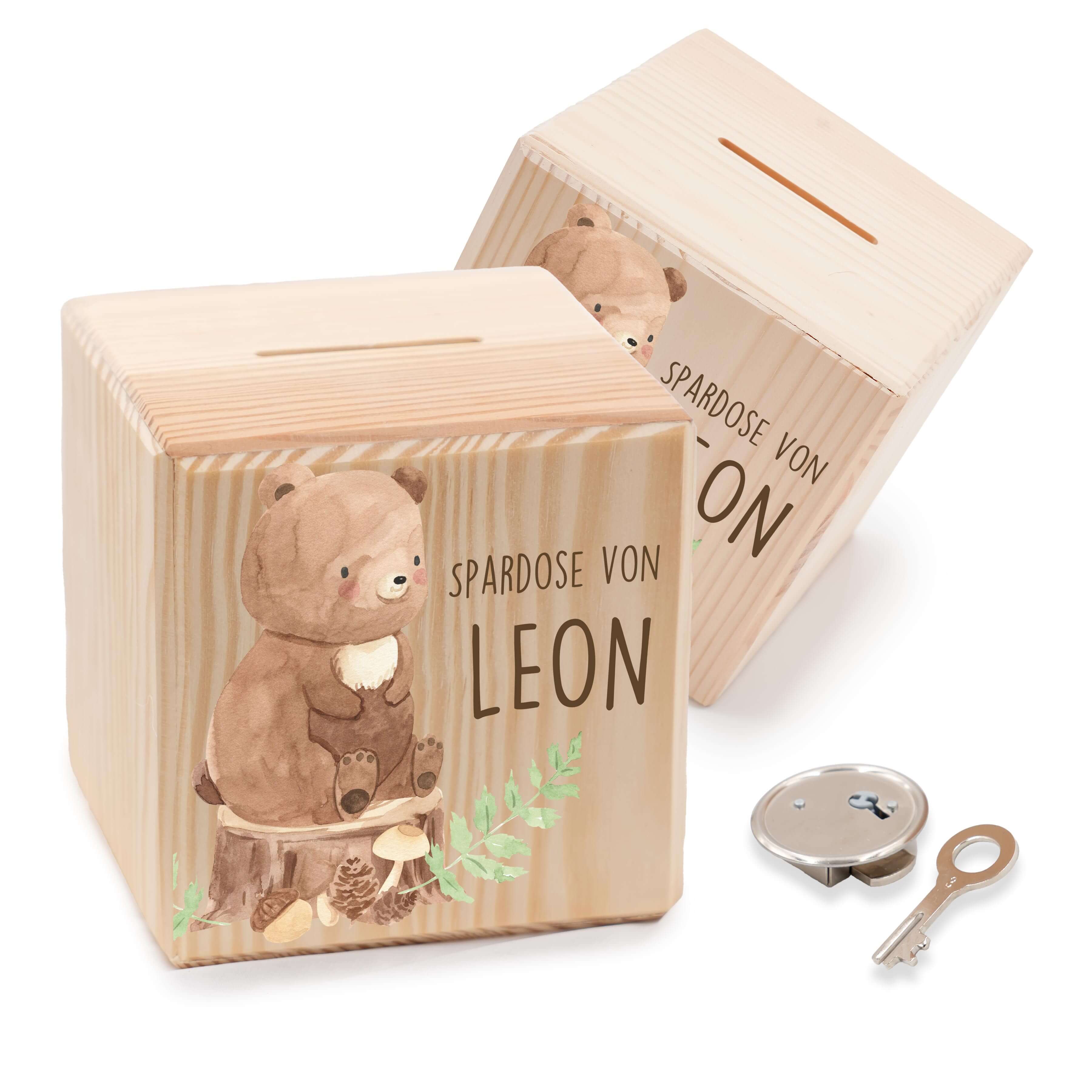 Spardose Kinder, Sparschwein personalisiert bunt - Bär Waldtiere