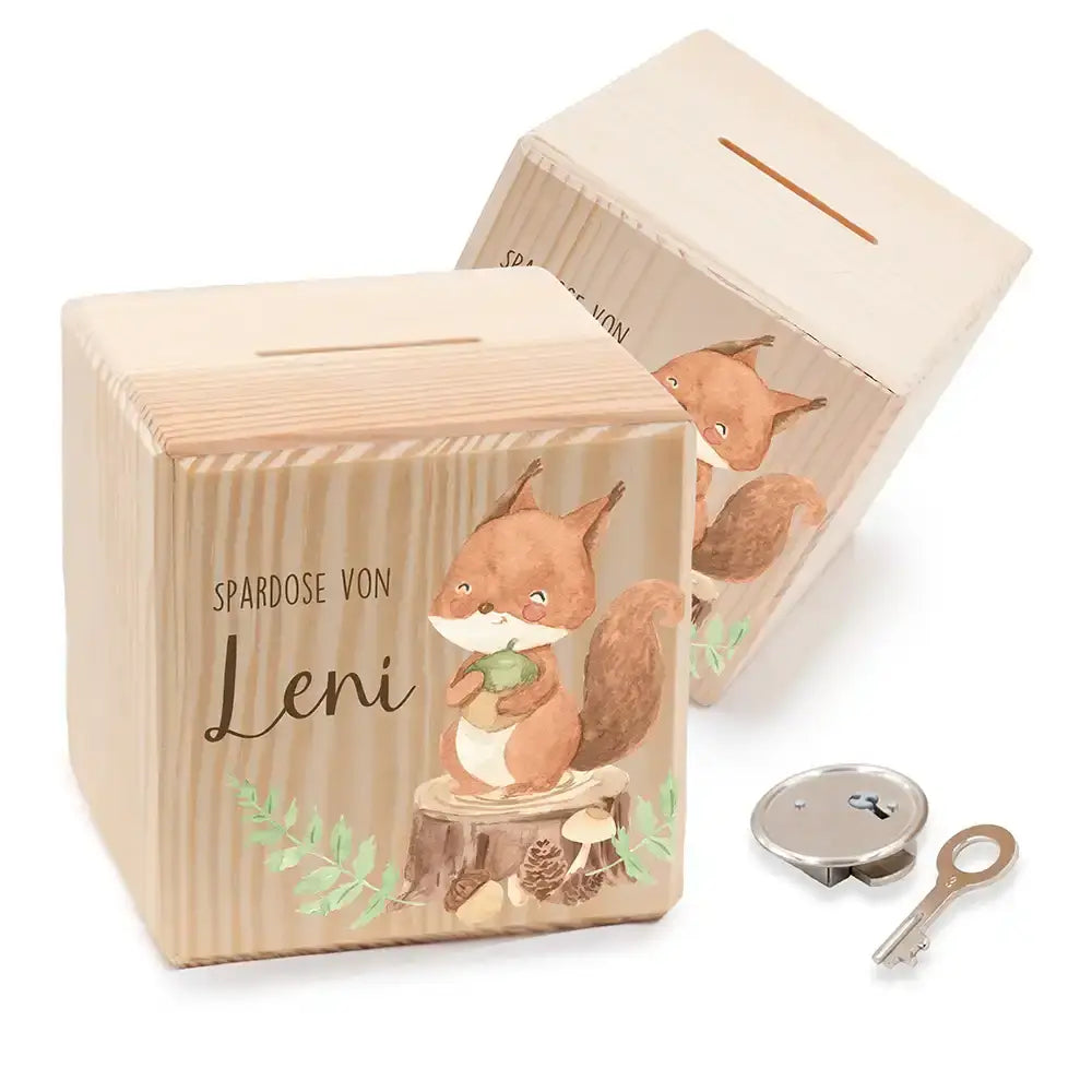 Spardose Kinder, Sparschwein personalisiert bunt - Eichhörnchen Waldtiere