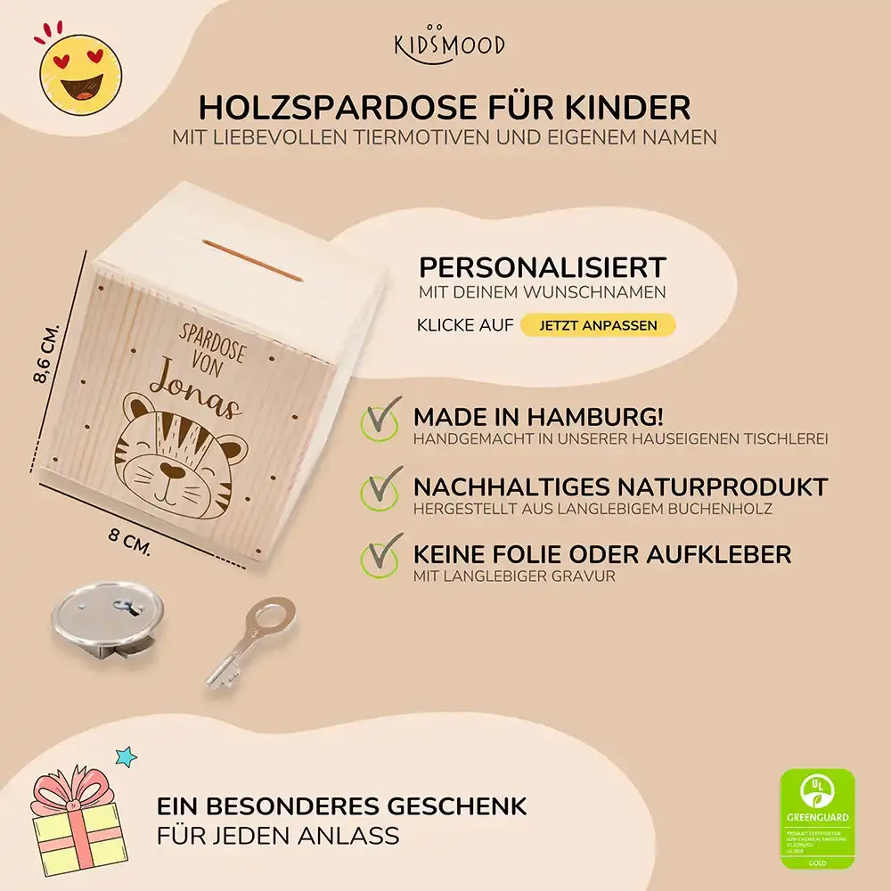 Spardose Kinder, Sparschwein personalisiert - Tiger mit Punkten