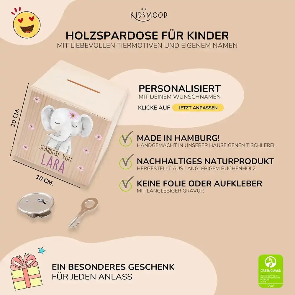 Spardose Kinder, Sparschwein personalisiert bunt - Elefant mit Blumen