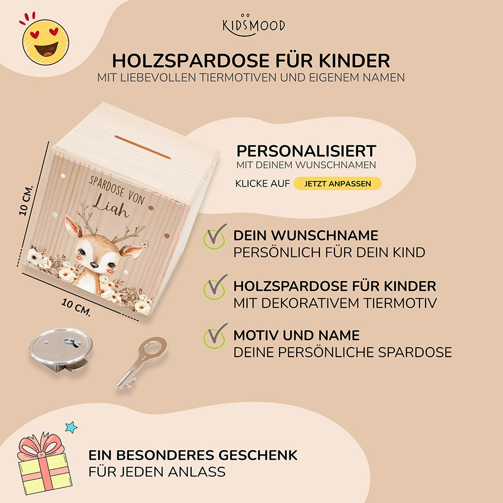 Spardose Kinder, Sparschwein personalisiert bunt - Bay Reh