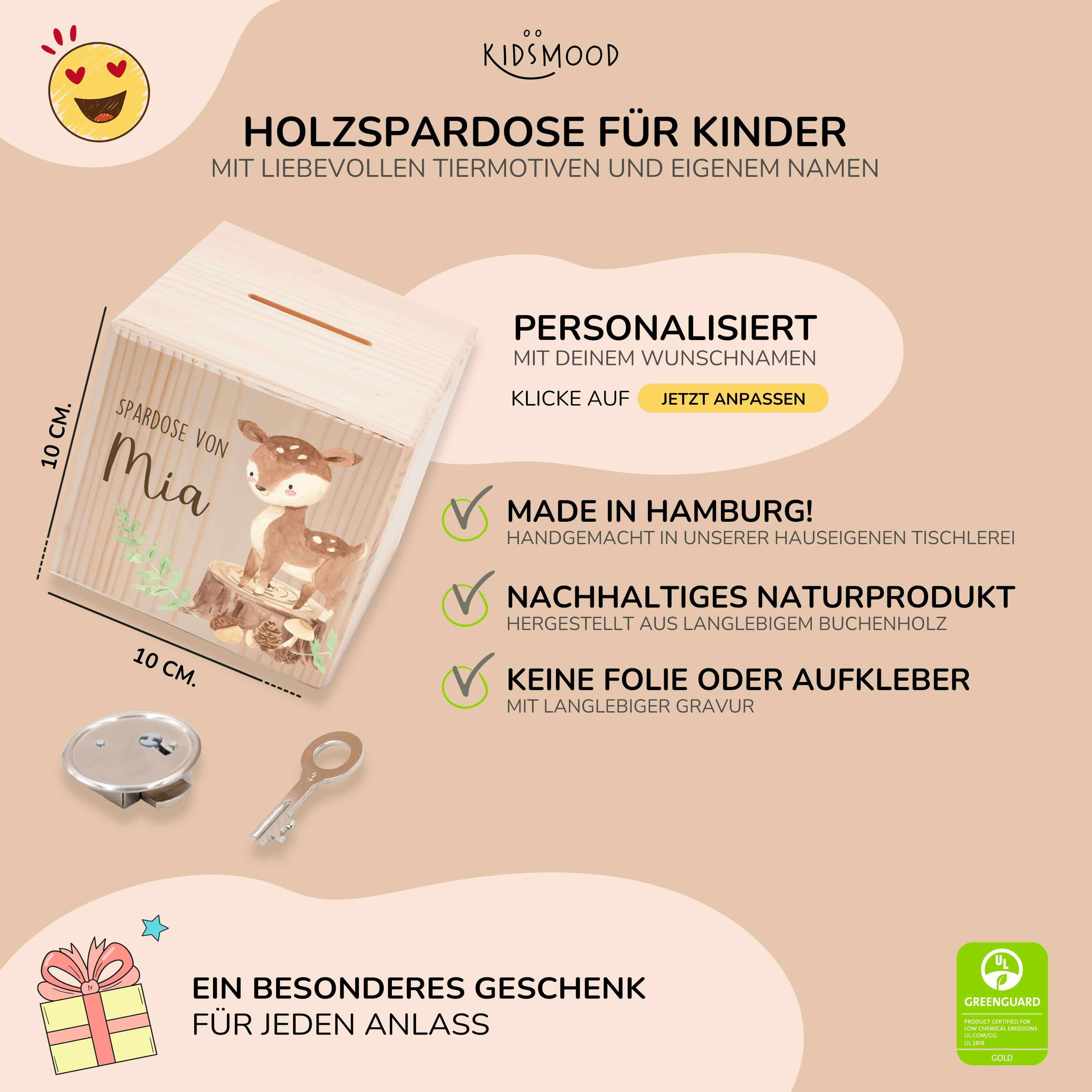 Spardose Kinder, Sparschwein personalisiert bunt - Reh Waldtiere