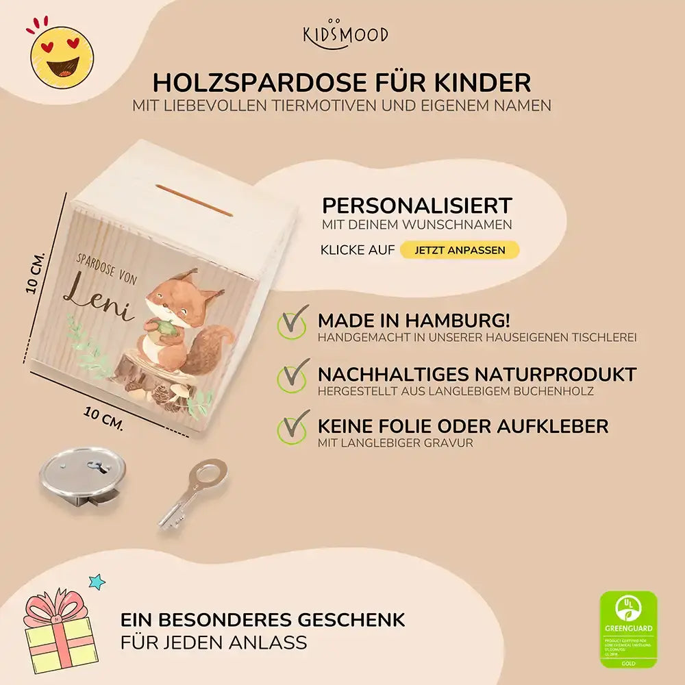 Spardose Kinder, Sparschwein personalisiert bunt - Eichhörnchen Waldtiere