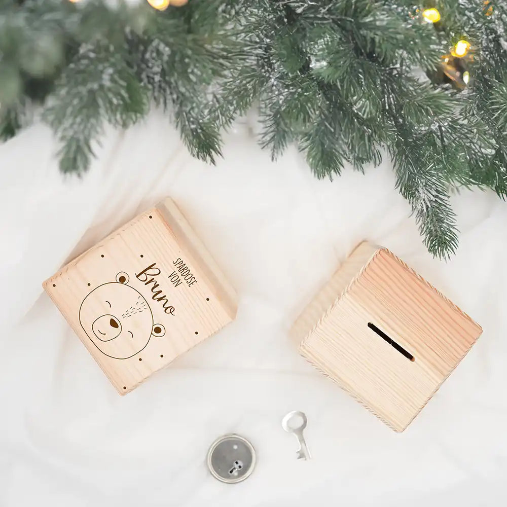 Spardose Kinder, Sparschwein personalisiert - Süßer Bär mit Punkten