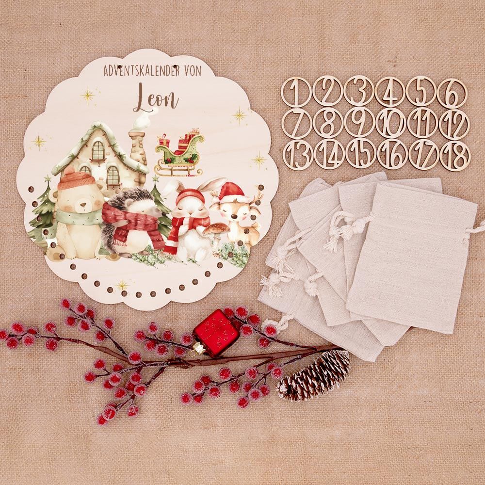 Personalisierter runder Adventskalender Kinder aus Holz - Waldtiere im Winterzauber