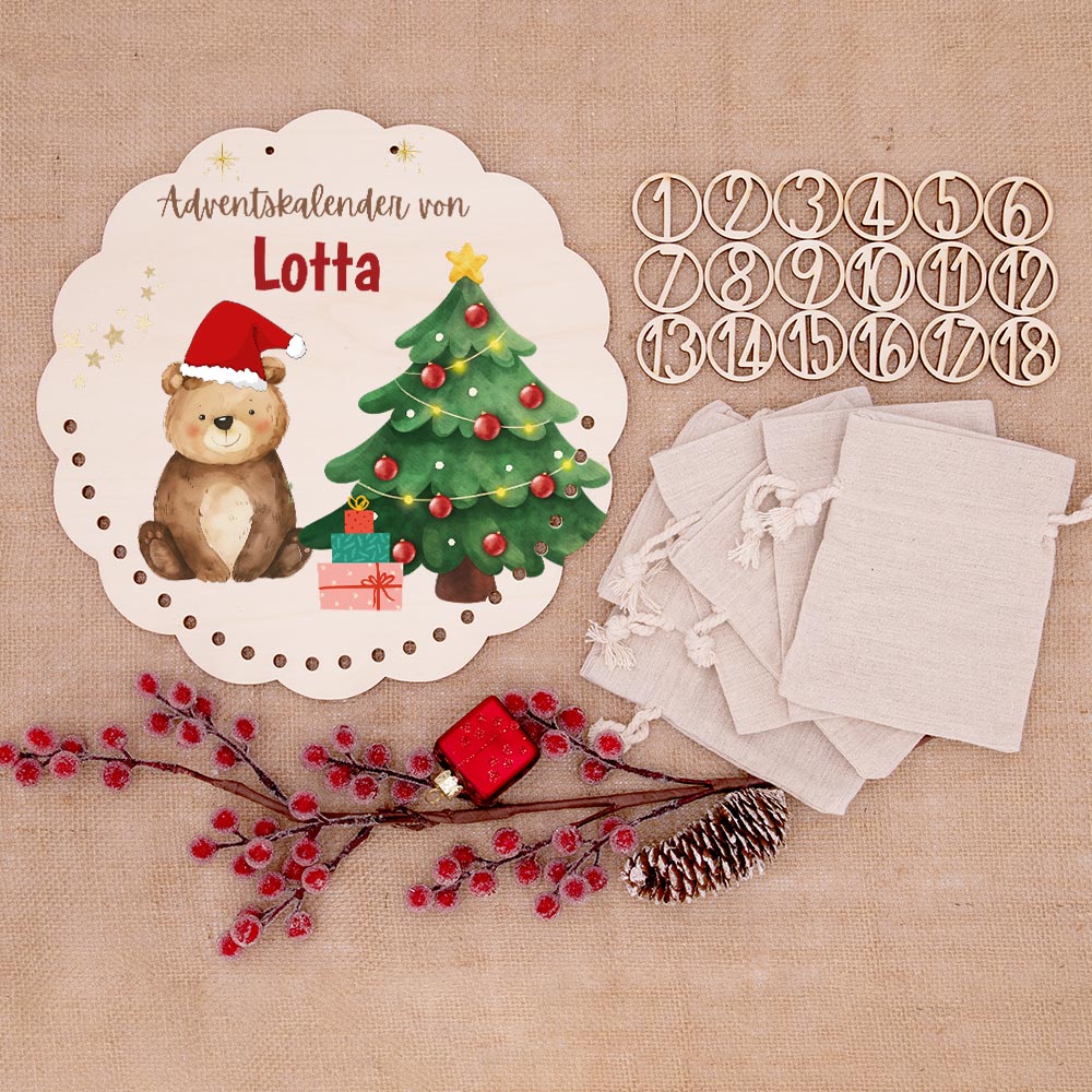 Personalisierter runder Adventskalender Kinder aus Holz - WeihnachtsbÀr