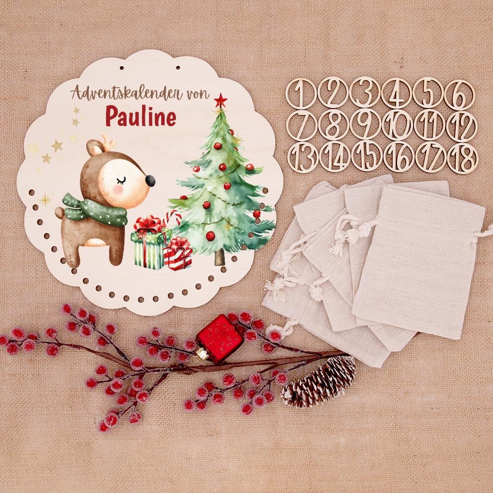Personalisierter runder Adventskalender Kinder aus Holz - Baby Reh