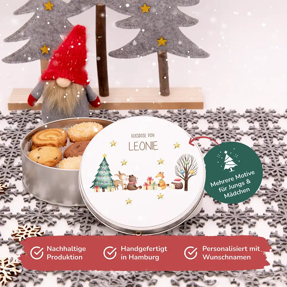 Keksdose aus Metal personalsiert - fröhliche Tiere im Wald