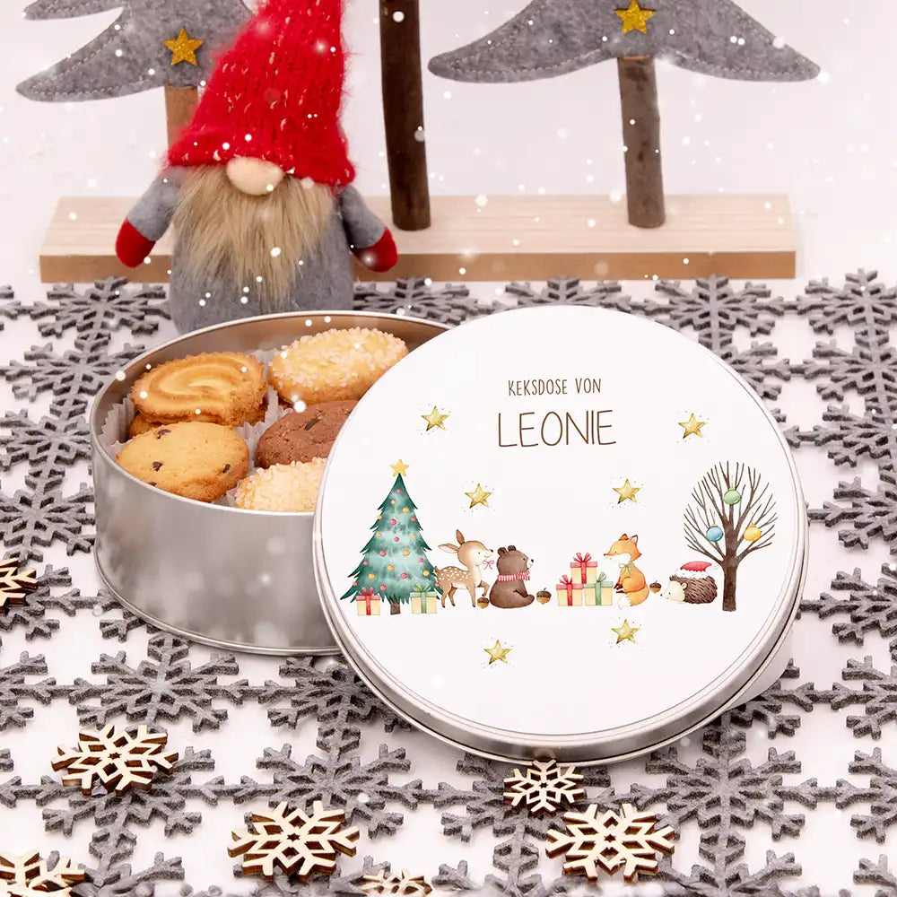 Keksdose aus Metal personalsiert - fröhliche Tiere im Wald