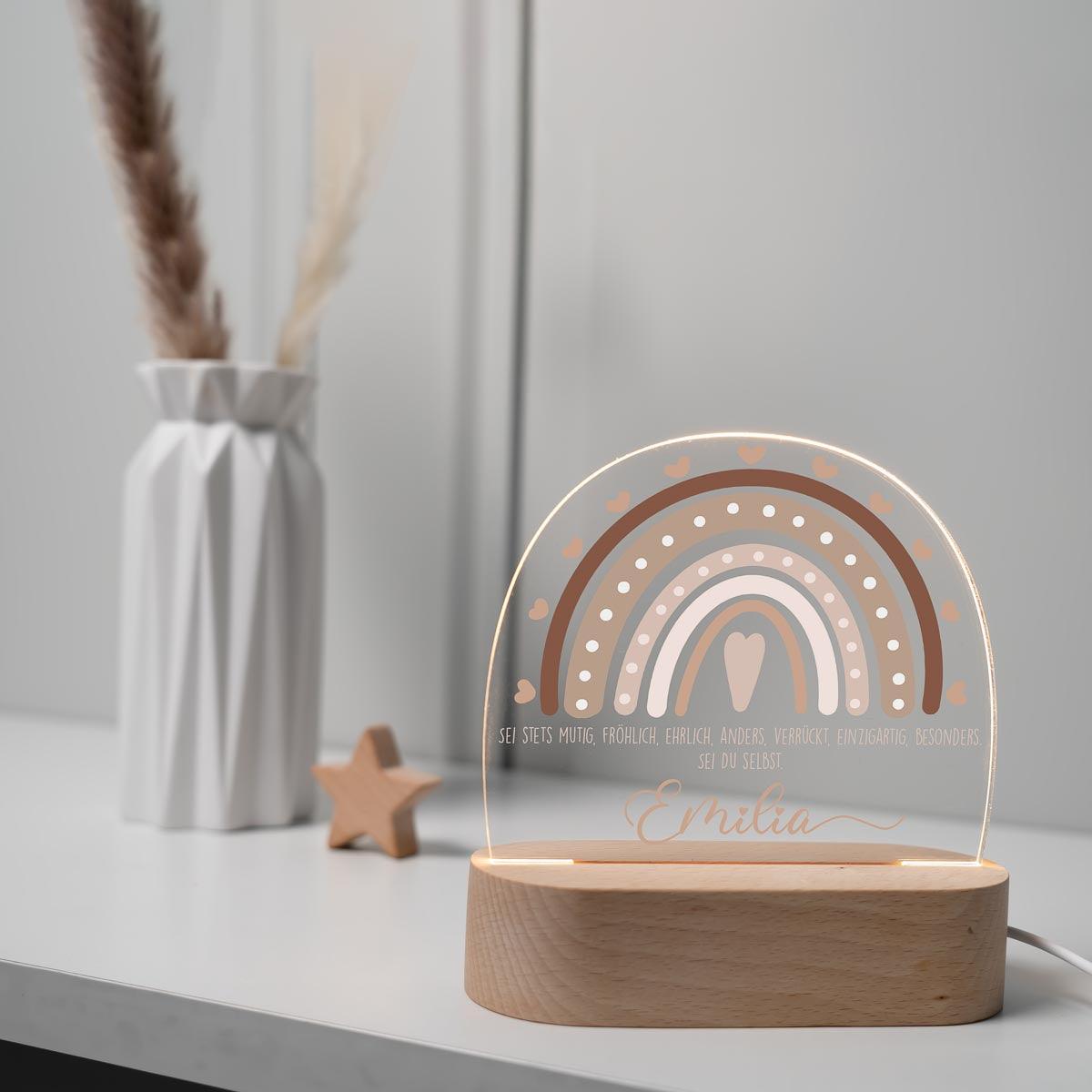 engraved night lamp with rainbow and custom name
