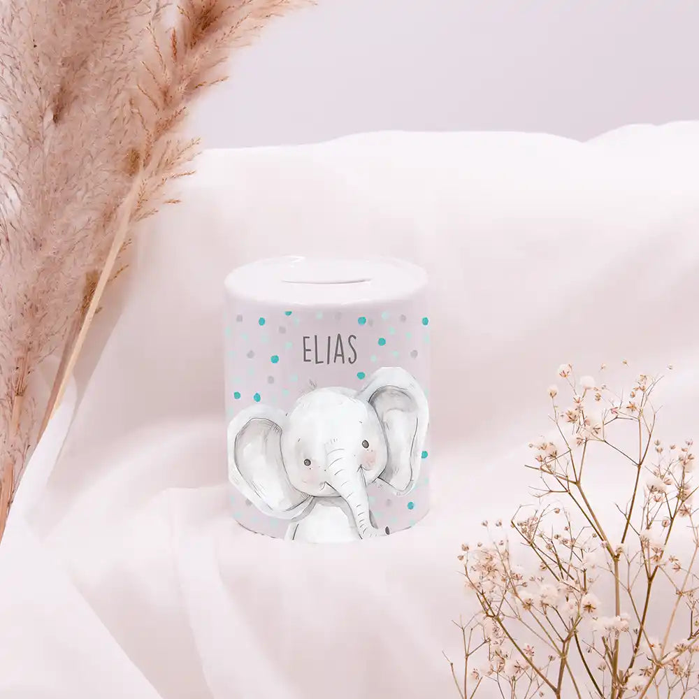 Spardose Kinder aus Keramik - Elefant mit PĂŒnktchen