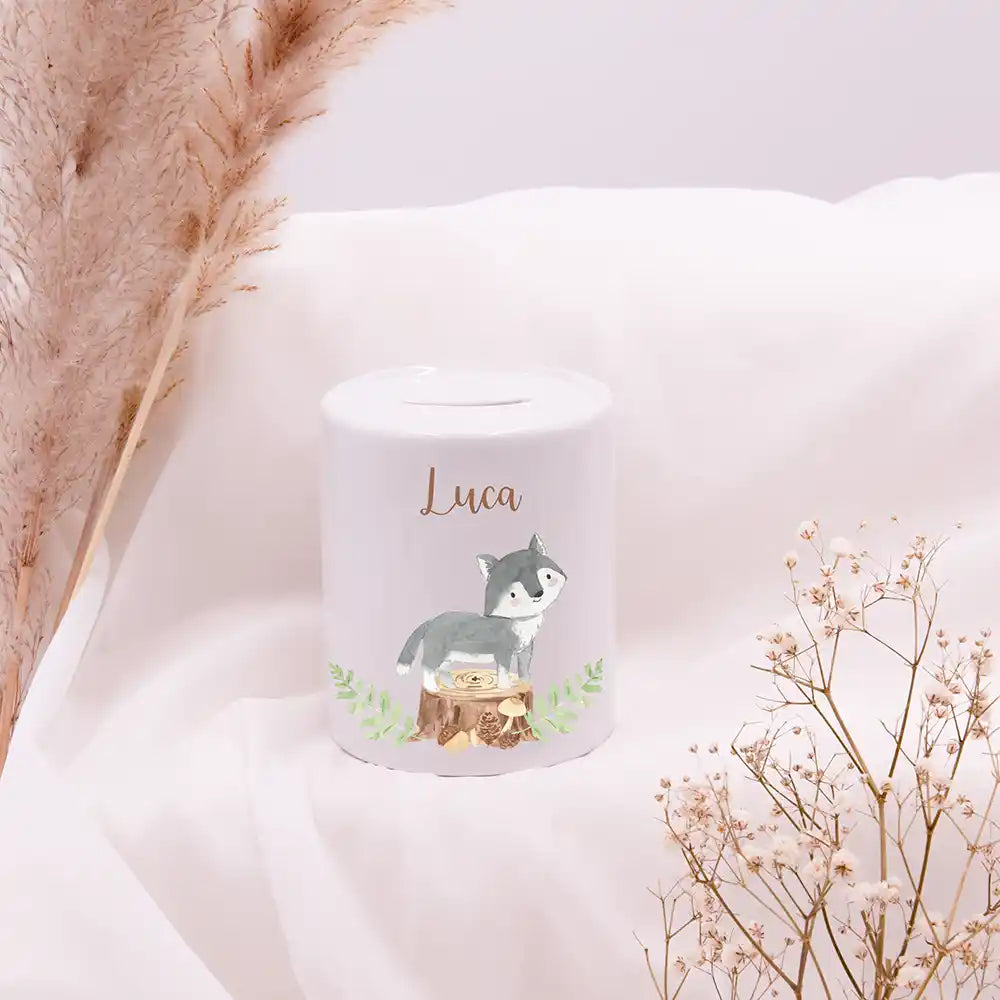 Spardose Kinder aus Keramik - Wolf Waldtiere