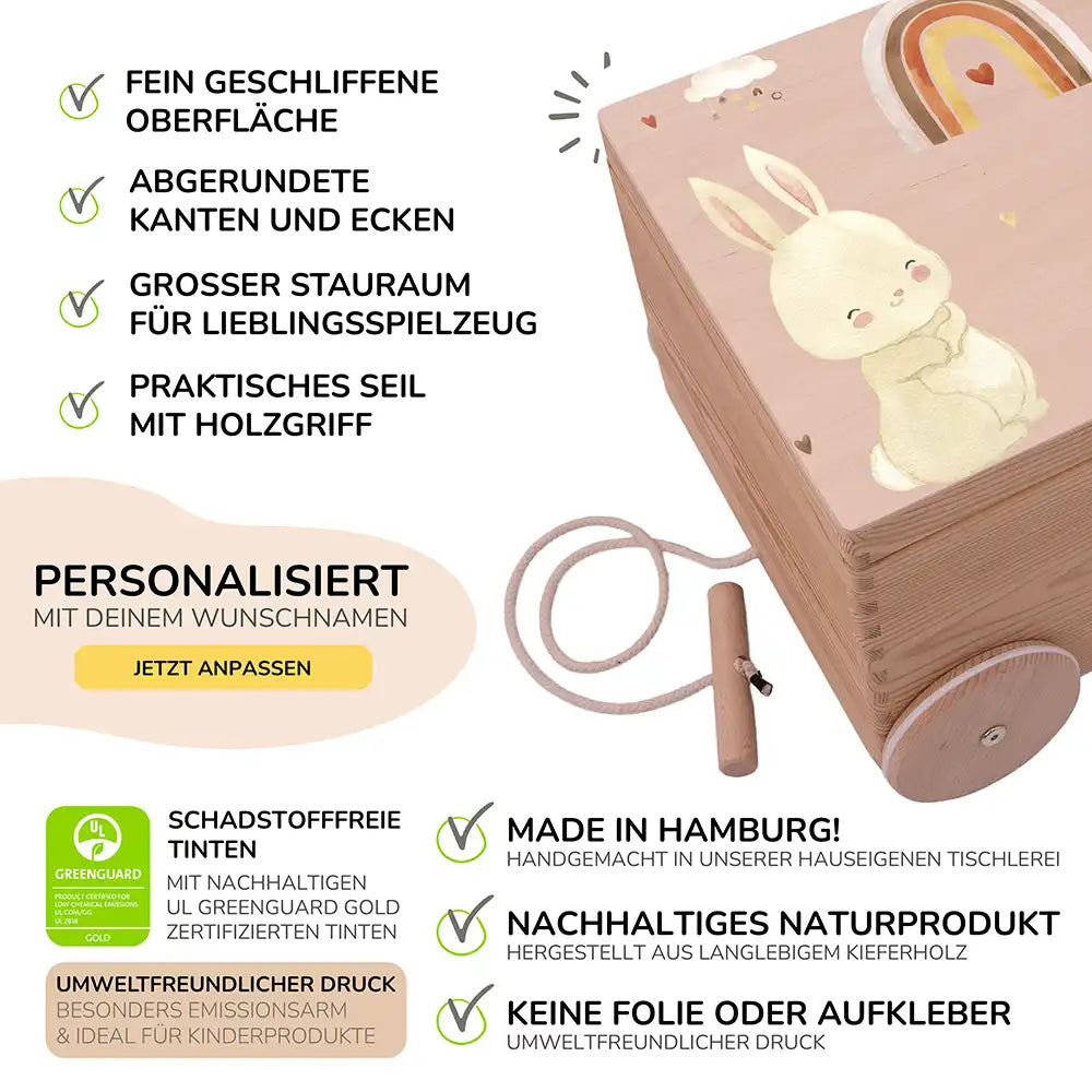 Spielzeugkiste mit Rädern personalisiert - Häschen mit Regenbogen