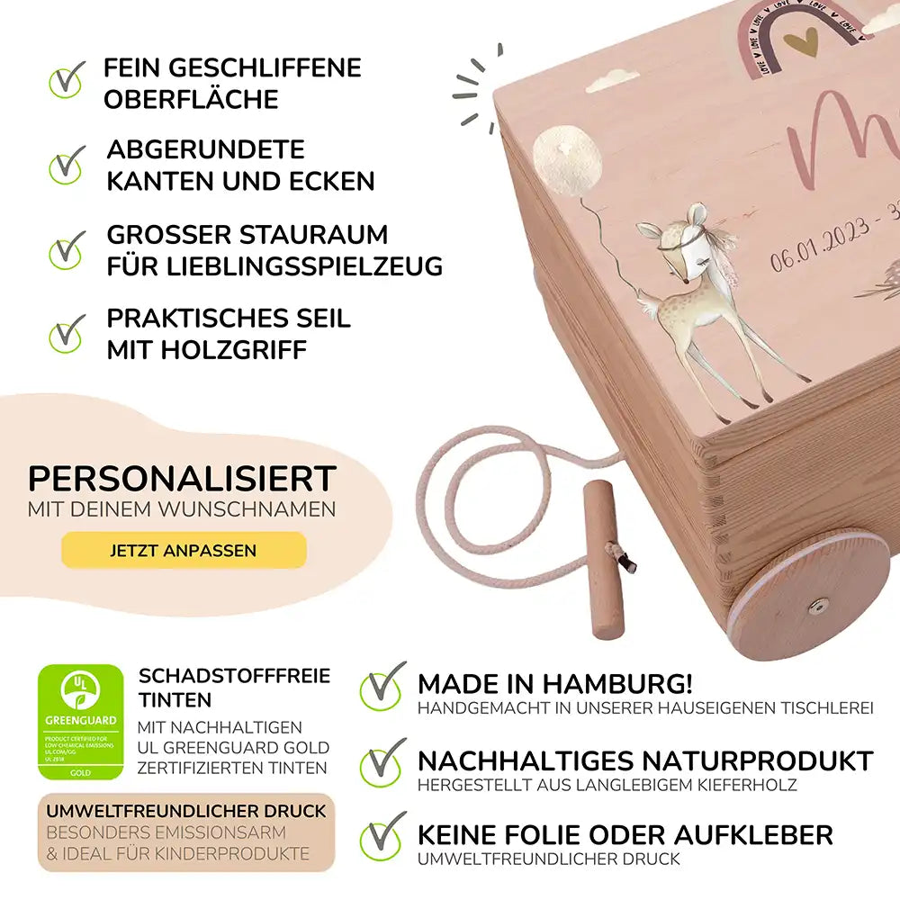 Spielzeugkiste mit Rädern personalisiert - Bezaubernder Regenbogen