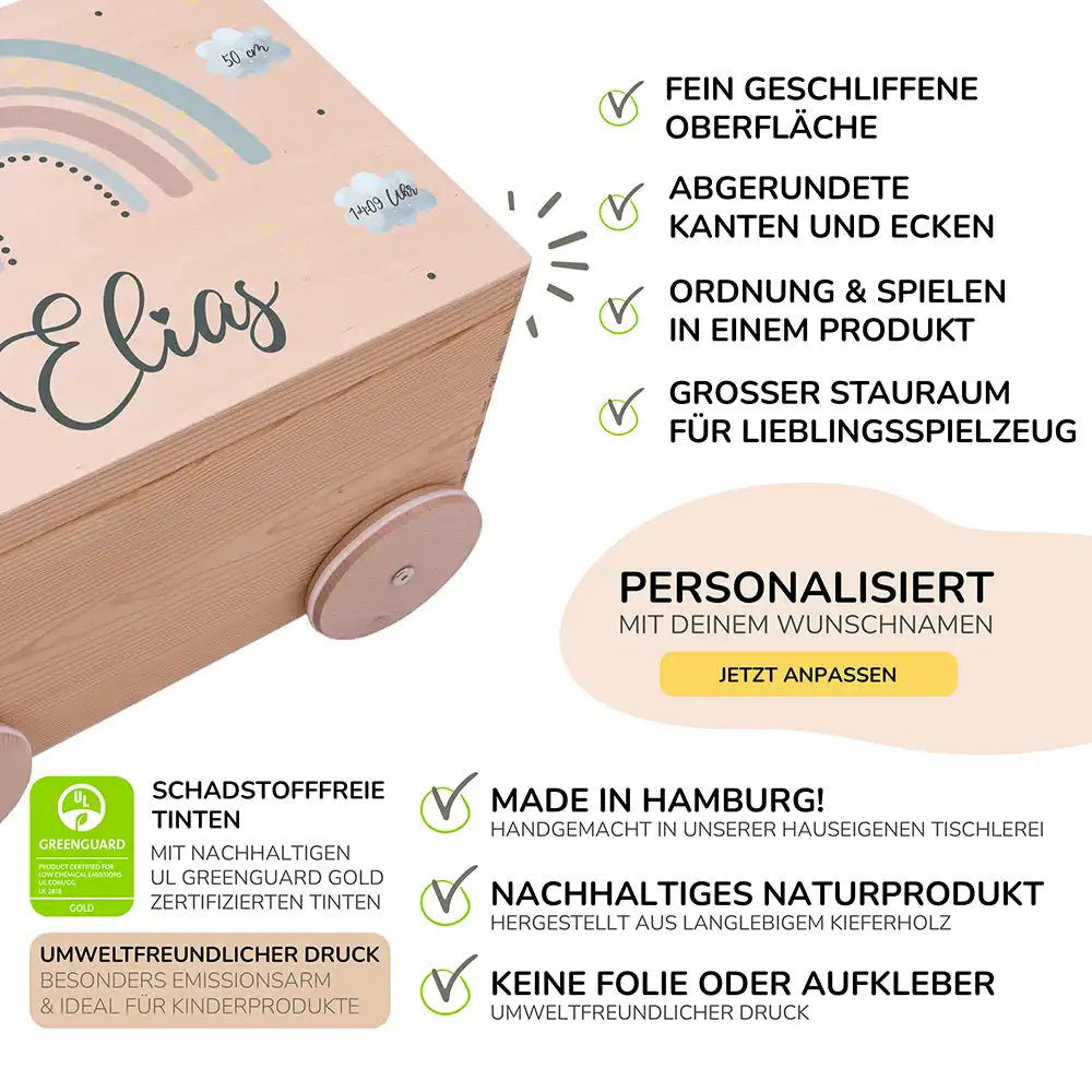 Spielzeugkiste mit Rädern personalisiert - Regenbogen