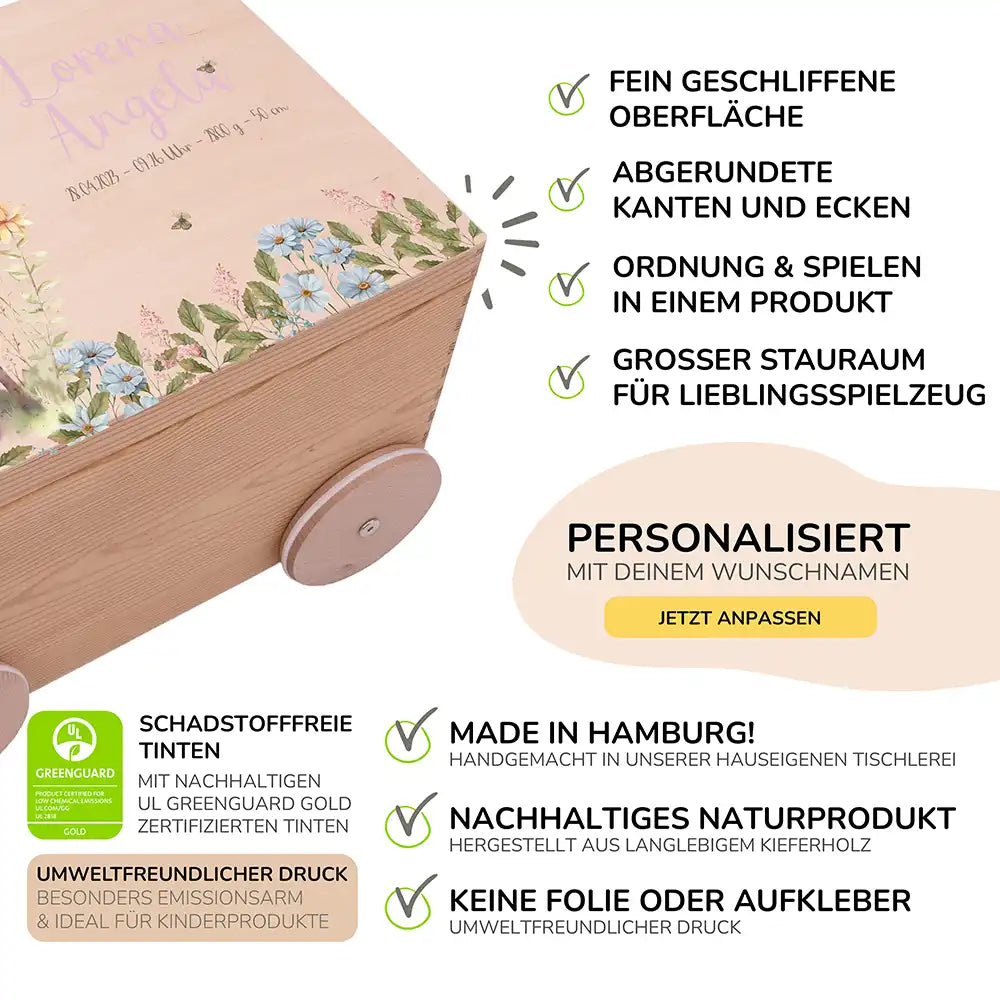 Spielzeugkiste mit Rädern personalisiert - Niedliches Reh