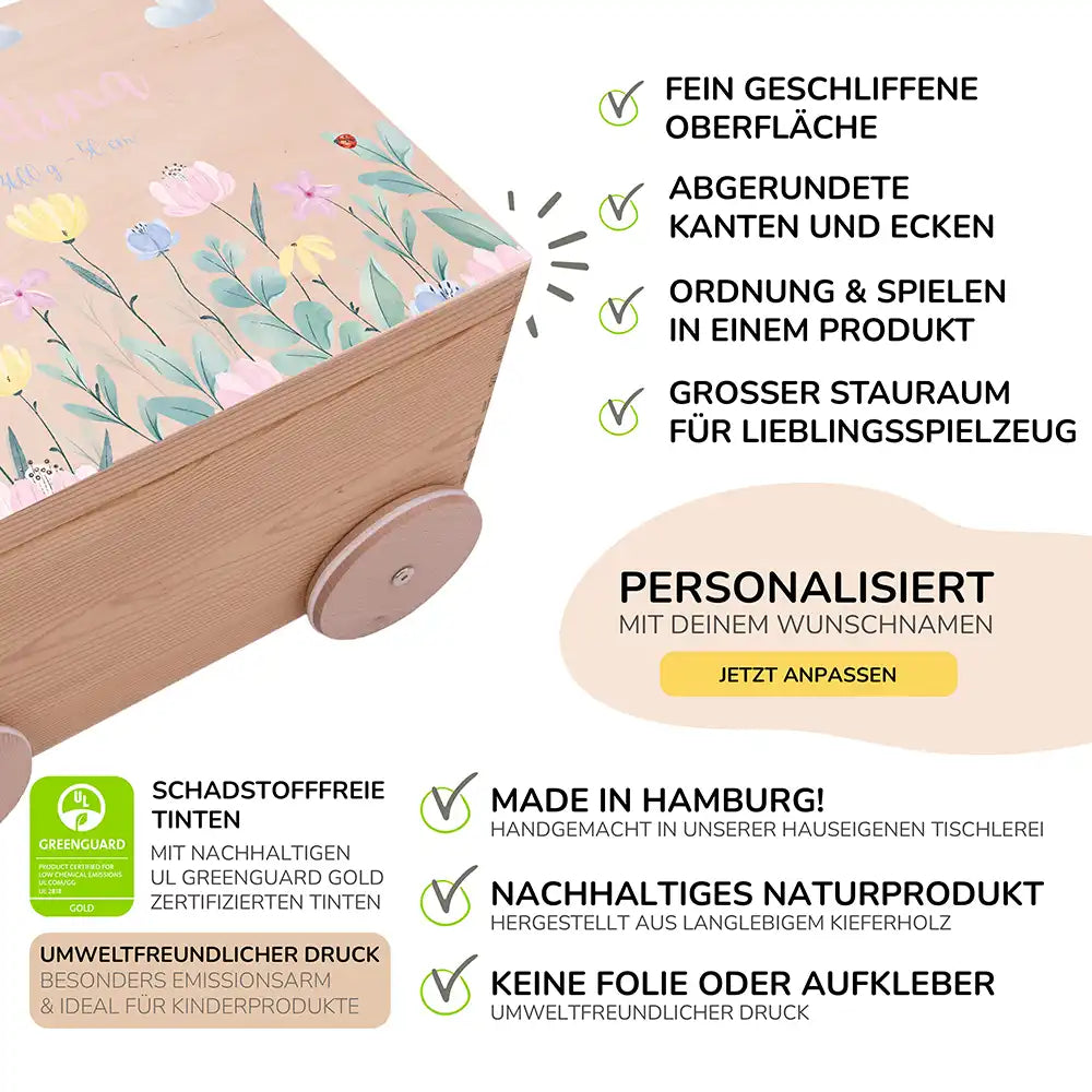 Spielzeugkiste mit Rädern personalisiert - Blumenwiese