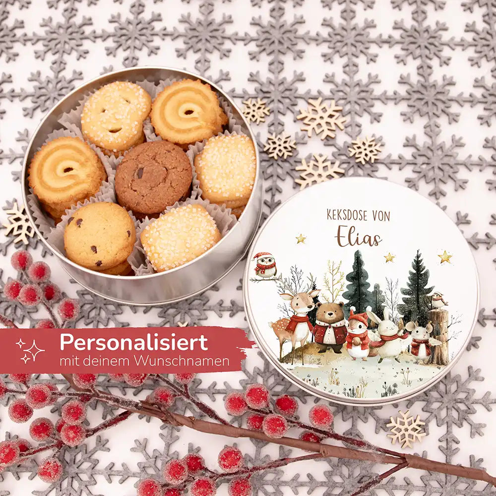 Keksdose aus Metal personalisiert - Weihnachtsfreunde im Schnee