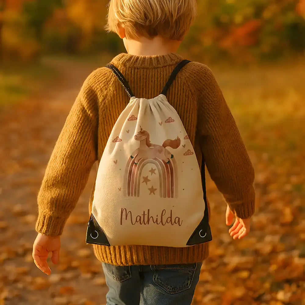 Personalisierter Turnbeutel mit Namen - Einhorn Regenbogen