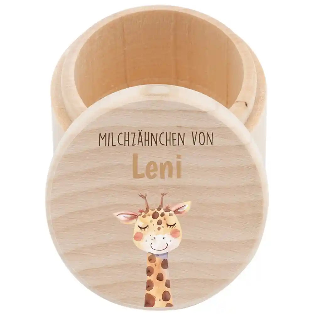 Zahndose Milchzähne personalisiert - Holz Zahnbox mit Wunschnamen - Giraffe Motiv
