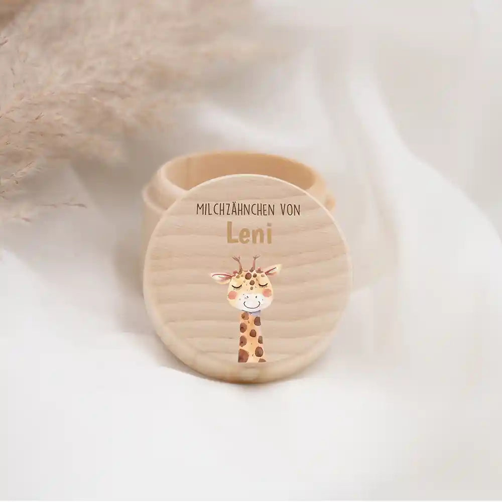 Zahndose Milchzähne personalisiert - Holz Zahnbox mit Wunschnamen - Giraffe Motiv