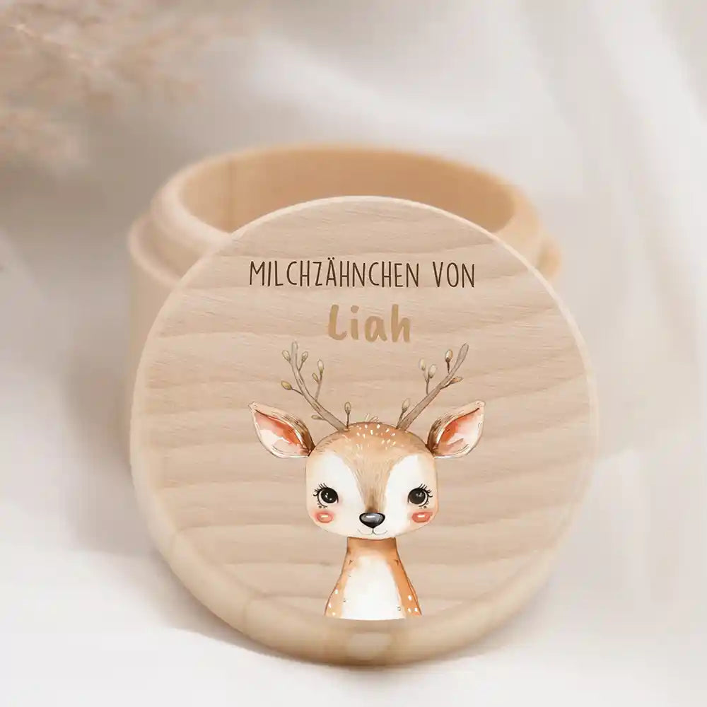 Zahndose Milchzähne personalisiert - Holz Zahnbox mit Wunschnamen - Baby Reh Motiv