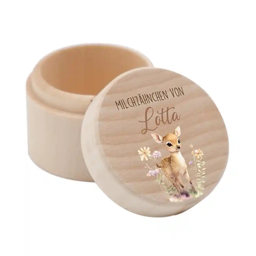 Zahndose Milchzähne personalisiert - Holz Zahnbox mit Wunschnamen - Reh Motiv