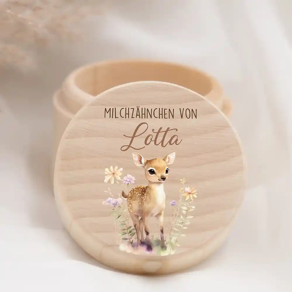 Zahndose Milchzähne personalisiert - Holz Zahnbox mit Wunschnamen - Reh Motiv